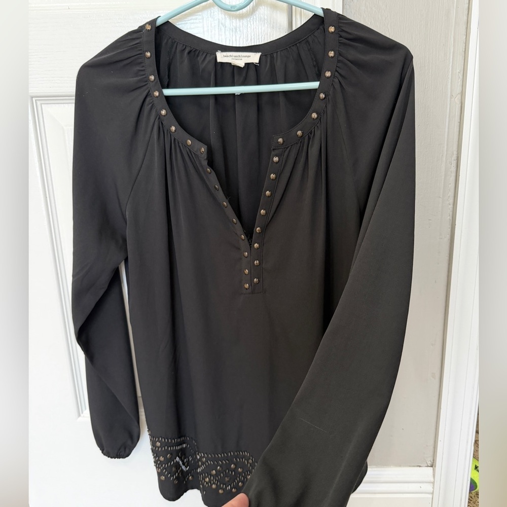 Womens Black Long Sleeve Tunic Shirt Size M Embellished Flowy Lightweight